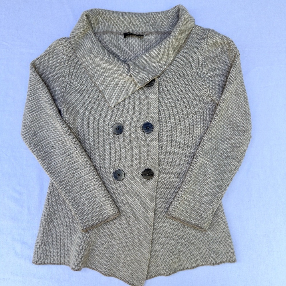 Italian‎ Cashmere Cardigan Sweater Womens Large Gray Double Breasted Oatmeal Tan